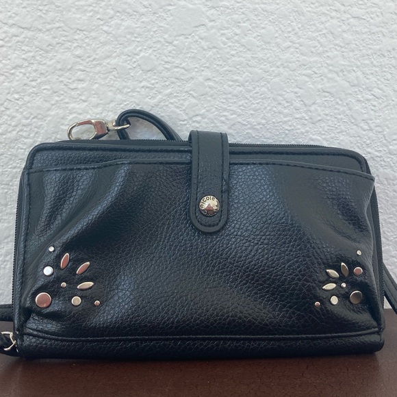 Nicole Miller Crossbody Bag Zip Around Wallet on Strap Silver Accents - Picture 11 of 12